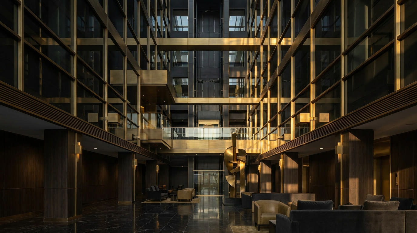 Office atrium with brass details